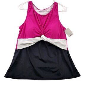Plus Croft & Barrow High Neck Twist Front Tankini 1X 16W-18W Pink/Black/White